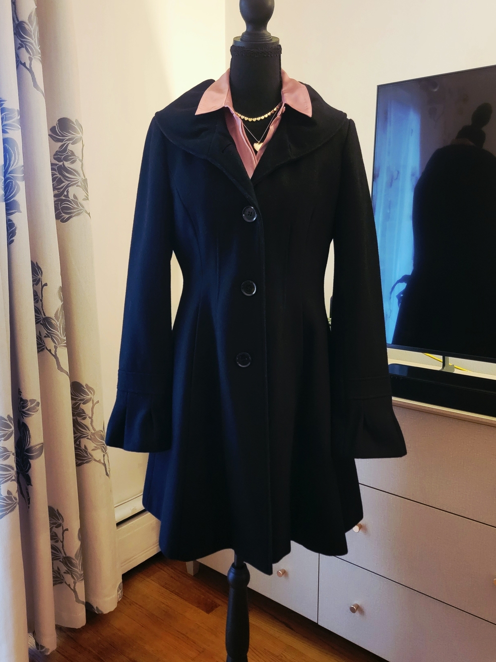 Express Black Wool Blend Leopard Print Lined Fit & Flare Trench Coat Size S